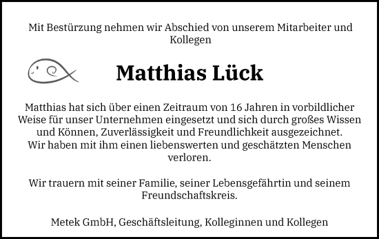 Traueranzeige von Matthias Lück von Elmshorner Nachrichten, Barmstedter Zeitung