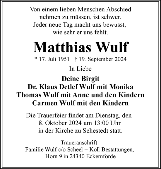 Traueranzeige von Matthias Wulf von Eckernförder Zeitung, Hallo Eckernförde