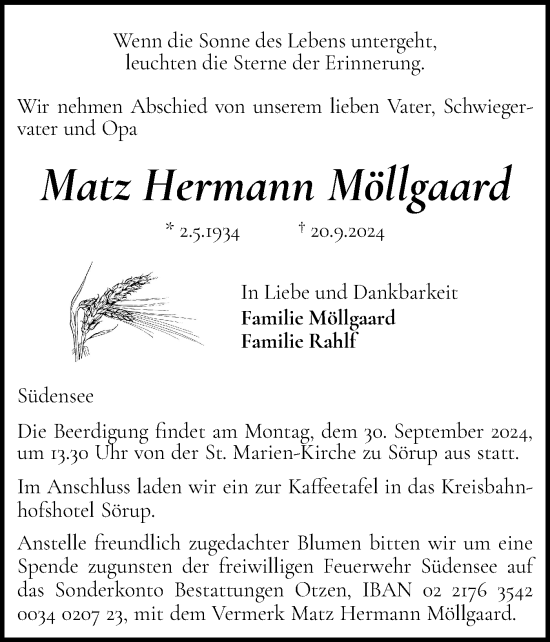 Traueranzeige von Matz Hermann Möllgaard von Flensburger Tageblatt