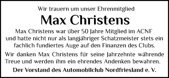 Traueranzeige von Max Christens von Husumer Nachrichten, Nordfriesland Tageblatt