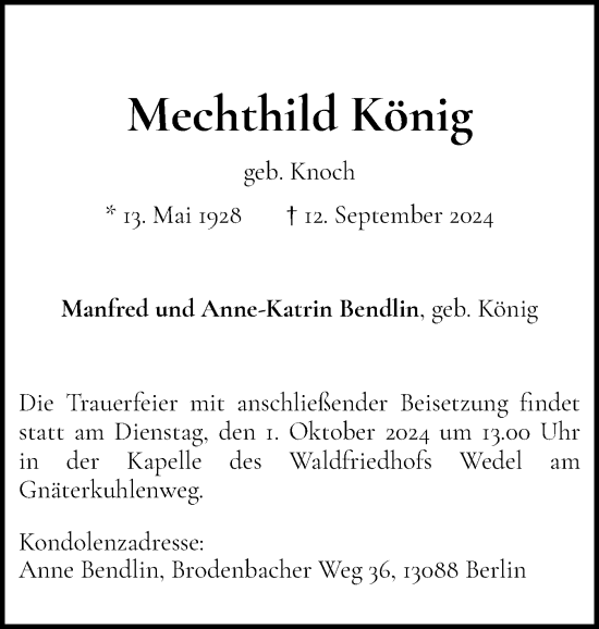 Traueranzeige von Mechthild König von Wedel-Schulauer Tageblatt, tip Wedel-Schulauer Tageblatt, tip Rissener Rundschau