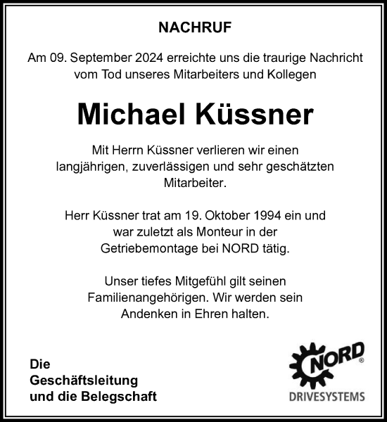Traueranzeige von Michael Küssner von Stormaner Tageblatt