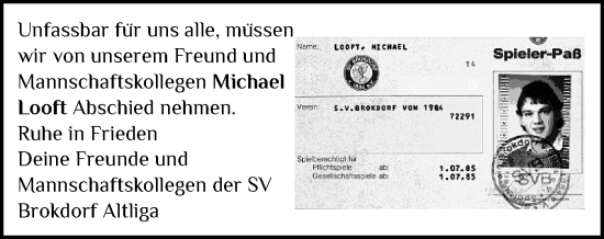 Traueranzeige von Michael Looft von Norddeutsche Rundschau, Wilstersche Zeitung, Glückstädter Fortuna