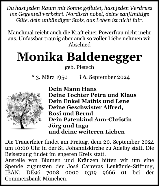 Traueranzeige von Monika Baldenegger von Flensburger Tageblatt