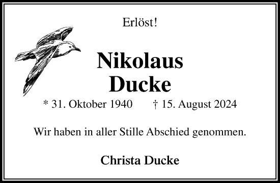 Traueranzeige von Nikolaus Ducke von Stormaner Tageblatt