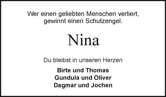 Traueranzeige von Nina  von Holsteinischer Courier