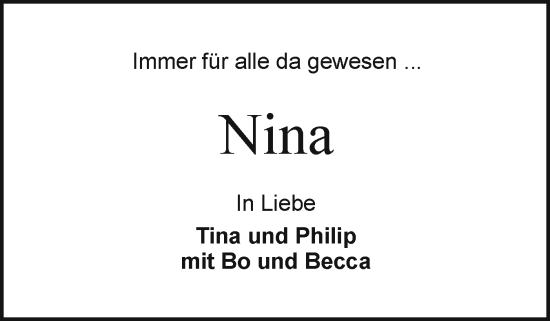 Traueranzeige von Nina  von Holsteinischer Courier
