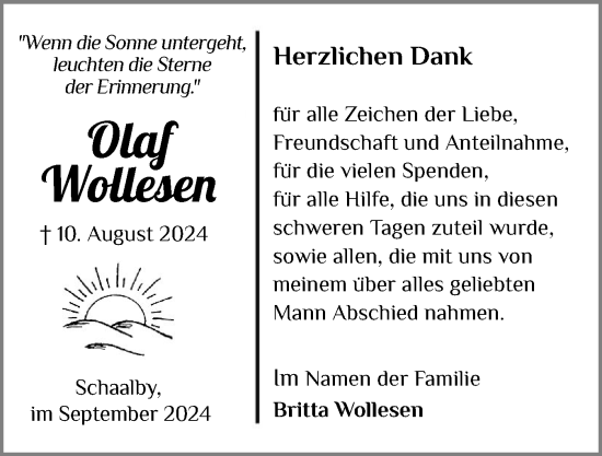 Traueranzeige von Olaf Wollesen von Schleswiger Nachrichten, Schlei-Bote