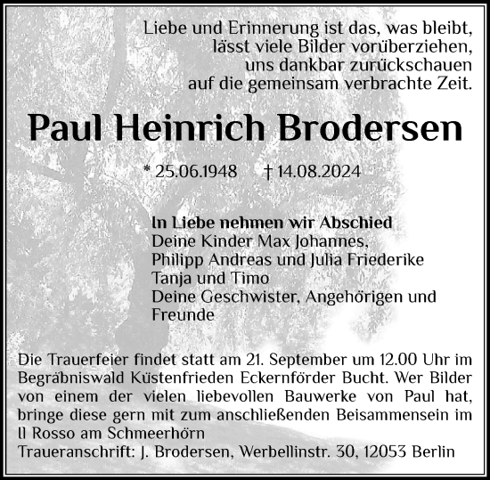Traueranzeige von Paul Heinrich Brodersen von Region Flensburg