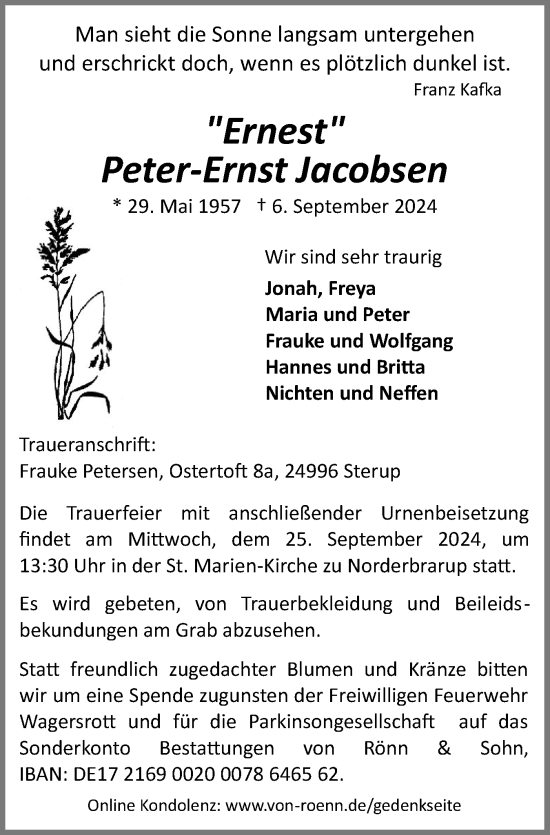 Traueranzeige von Peter-Ernst Jacobsen von Flensburger Tageblatt, Schleswiger Nachrichten, Schlei-Bote
