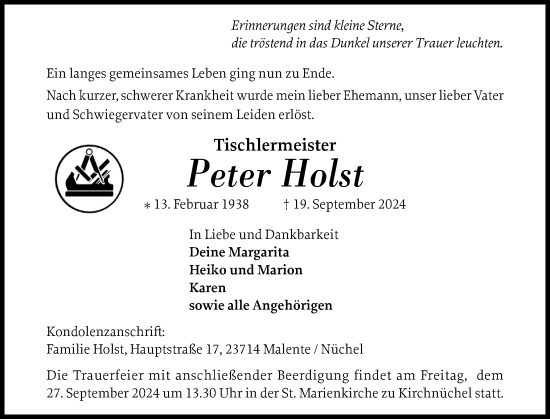 Traueranzeige von Peter Holst von Ostholsteiner Anzeiger