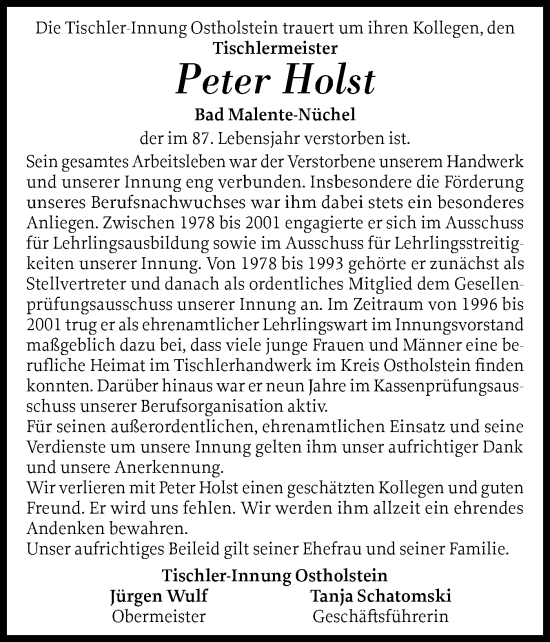Traueranzeige von Peter Holst von Ostholsteiner Anzeiger