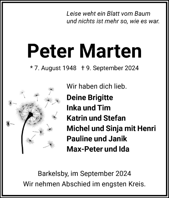 Traueranzeige von Peter Marten von Eckernförder Zeitung, Hallo Eckernförde