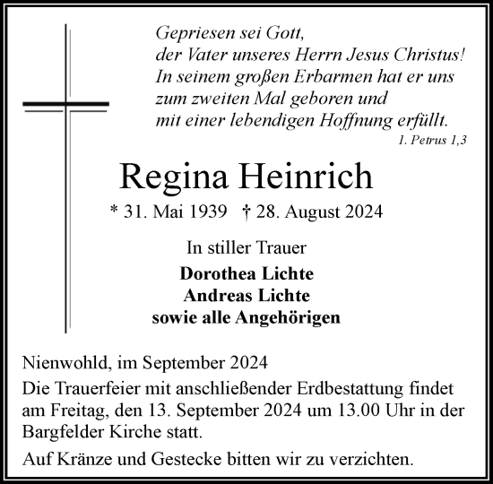 Traueranzeige von Regina Heinrich von Stormaner Tageblatt
