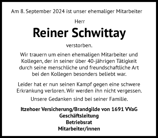 Traueranzeige von Reiner Schwittay von Norddeutsche Rundschau, Wilstersche Zeitung, Glückstädter Fortuna