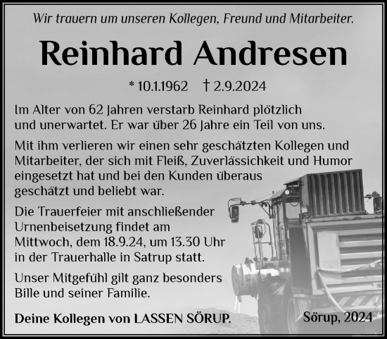 Traueranzeige von Reinhard Andresen von Flensburger Tageblatt