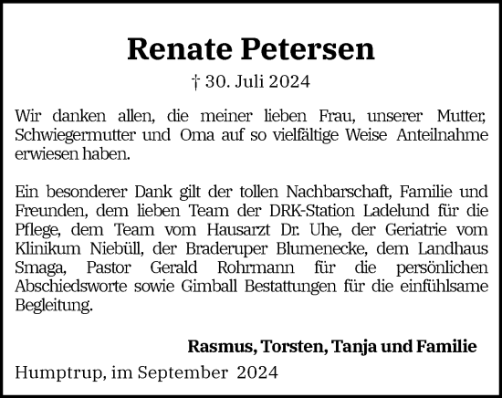 Traueranzeige von Renate Petersen von Husumer Nachrichten, Nordfriesland Tageblatt
