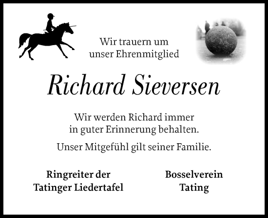 Traueranzeige von Richard Sieversen von Husumer Nachrichten, Nordfriesland Tageblatt