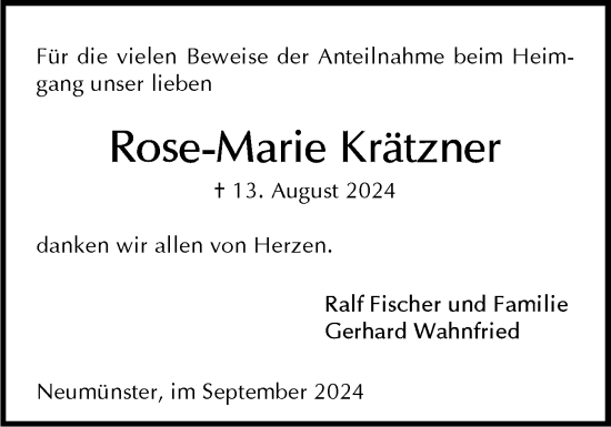 Traueranzeige von Rose-Marie Krätzner von Holsteinischer Courier