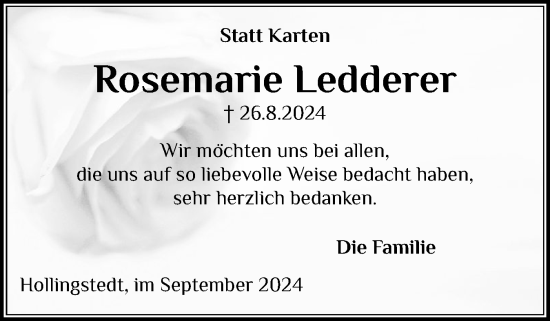 Traueranzeige von Rosemarie Ledderer von Schleswiger Nachrichten, Schlei-Bote