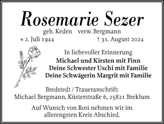 Traueranzeige von Rosemarie Sezer von Husumer Nachrichten, Nordfriesland Tageblatt