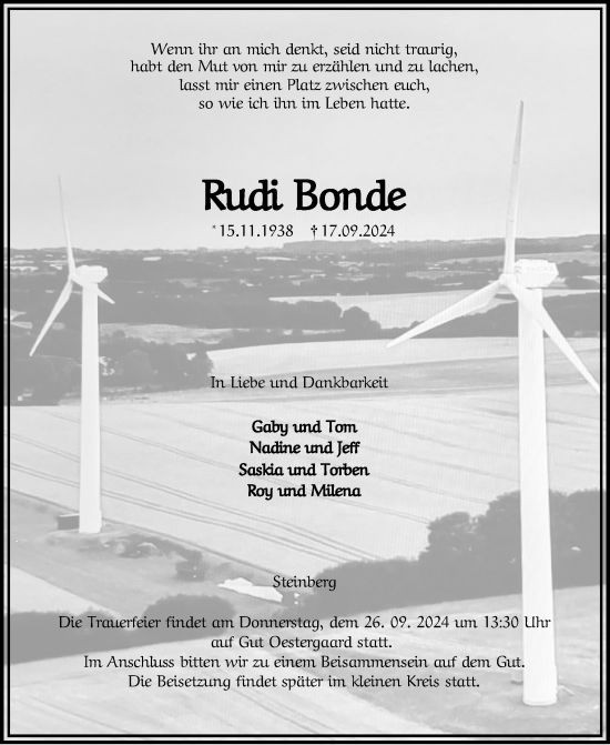 Traueranzeige von Rudi Bonde von Region Flensburg