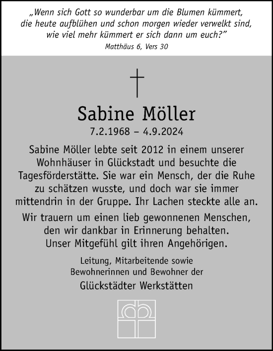 Traueranzeige von Sabine Möller von Norddeutsche Rundschau, Wilstersche Zeitung, Glückstädter Fortuna
