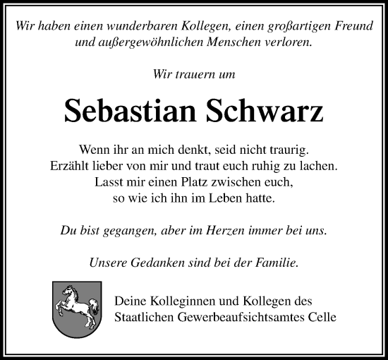 Traueranzeige von Sebastian Schwarz von Stormaner Tageblatt