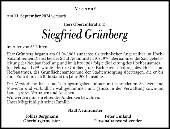 Traueranzeige von Siegfried Grünberg von Holsteinischer Courier