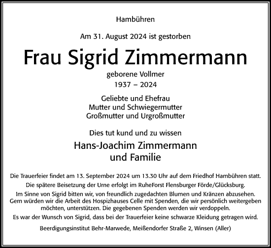 Traueranzeige von Sigrid Zimmermann von Flensburger Tageblatt