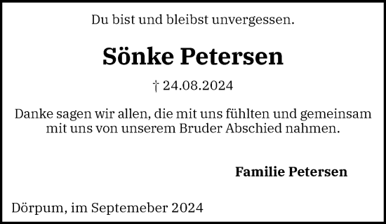 Traueranzeige von Sönke Petersen von Husumer Nachrichten, Nordfriesland Tageblatt