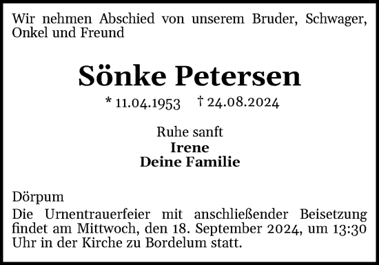 Traueranzeige von Sönke Petersen von Husumer Nachrichten, Nordfriesland Tageblatt