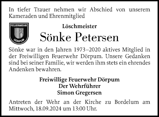 Traueranzeige von Sönke Petersen von Husumer Nachrichten, Nordfriesland Tageblatt