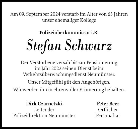 Traueranzeige von Stefan Schwarz von Holsteinischer Courier