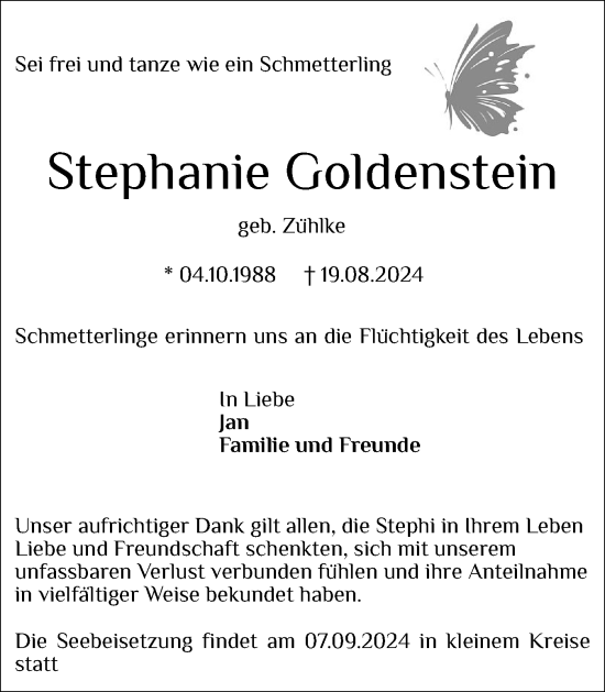 Traueranzeige von Stephanie Goldenstein von Region Pinneberg und tip Pinneberg
