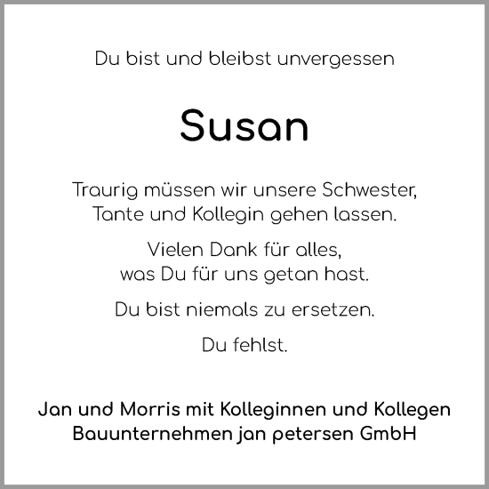 Traueranzeige von Susan  von Flensburger Tageblatt