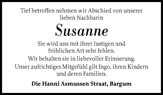 Traueranzeige von Susanne  von Husumer Nachrichten, Nordfriesland Tageblatt