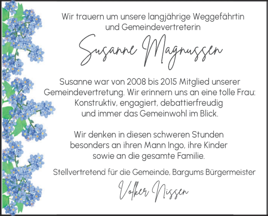 Traueranzeige von Susanne Magnussen von Husumer Nachrichten, Nordfriesland Tageblatt