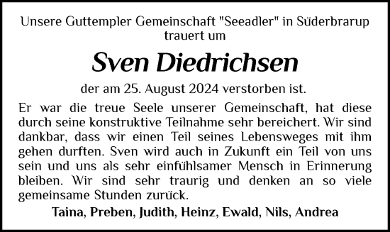 Traueranzeige von Sven Diedrichsen von Schleswiger Nachrichten, Schlei-Bote