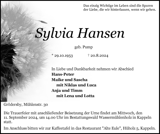 Traueranzeige von Sylvia Hansen von Schleswiger Nachrichten, Schlei-Bote