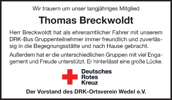 Traueranzeige von Thomas Breckwoldt von Wedel-Schulauer Tageblatt, tip Wedel-Schulauer Tageblatt, tip Rissener Rundschau