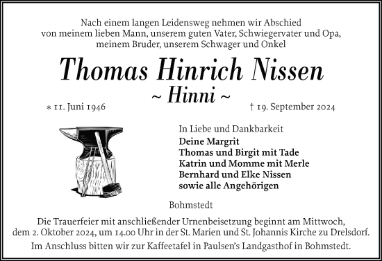 Traueranzeige von Thomas Hinrich Nissen von Husumer Nachrichten, Nordfriesland Tageblatt