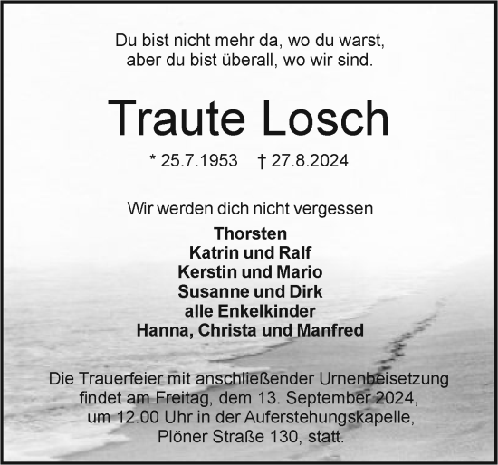 Traueranzeige von Traute Losch von Holsteinischer Courier