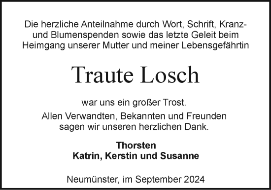 Traueranzeige von Traute Losch von Holsteinischer Courier