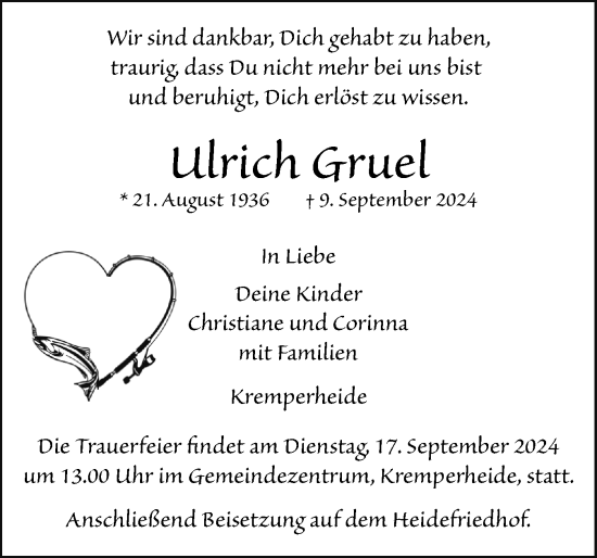 Traueranzeige von Ulrich Gruel von Norddeutsche Rundschau, Wilstersche Zeitung, Glückstädter Fortuna