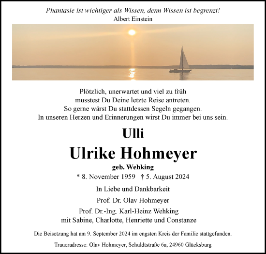 Traueranzeige von Ulrike Hohmeyer von Flensburger Tageblatt