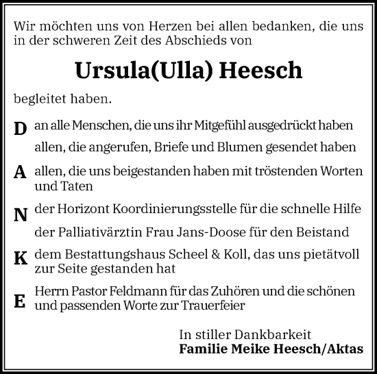 Traueranzeige von Ursula Heesch von Eckernförder Zeitung, Hallo Eckernförde
