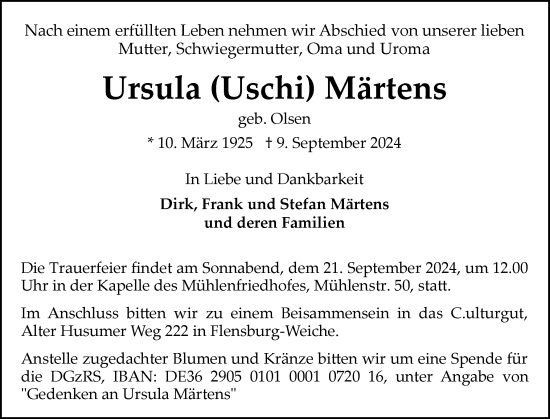 Traueranzeige von Ursula Märtens von Flensburger Tageblatt