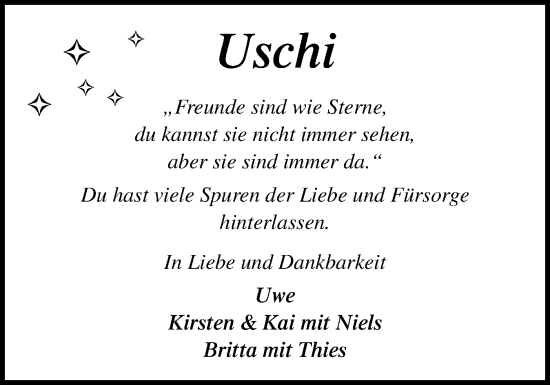 Traueranzeige von Uschi  von Sylter Rundschau