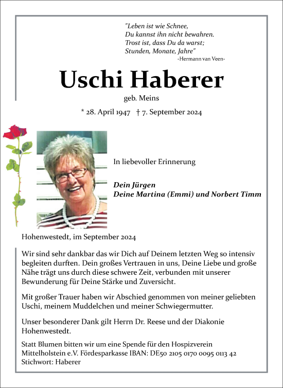 Traueranzeige von Uschi Haberer von Schleswig-Holsteinische Landeszeitung